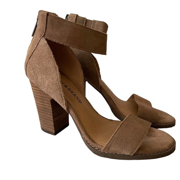 Lucky Brand 6.5 Lexara Heels Open Toe Sandals Block Heel Taupe Suede - Picture 10 of 13
